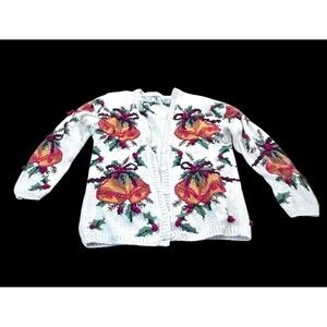 Vtg Christmas Cardigan Sweater Hand knit Bells Holiday Ugly Sweater  Size S